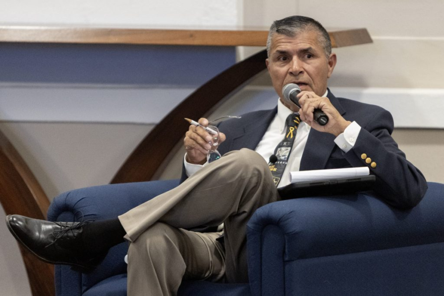 Richard Lopez, candidate for Merced County Superintendent of Schools, responds to a submitted question during a debate in Merced, Calif., on Tuesday, Sept. 29, 2026.