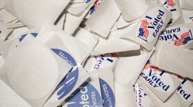 Early voting stickers at the St. Luke’s United Methodist Church polling place Oct. 29, 2024, in Indianapolis.