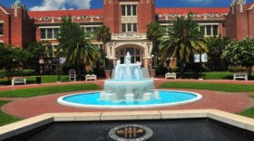 A three-tier foundain stands behind bold words that spell 'The Florida State University.'