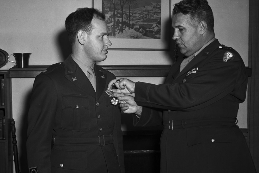 Harold Fidler receiving the Legion of Merit from General Leslie Groves (portrayed by Matt Damon in the film Oppenheimer) in 1945 at Ernest Lawrence's home in Berkeley, CA.