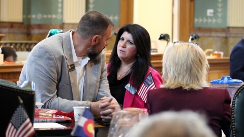 House Minority Leader Rose Pugliese speaks with Assistant Minority Leader Ty Winter during a special session on Aug. 26, 2025. Pugliese has decided to resign from the legislature.