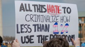 Connor Montgomery, of Manhattan, holds a sign as part of a Trans Day of Visibility demonstration March 31, 2026, outside the Kansas Statehouse.