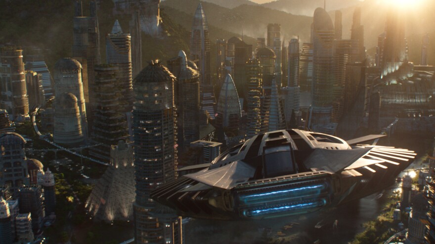 The Talon Fighter flies over Wakanda in <em>Black Panther</em>.