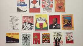 Gallery wall from 'Mission Grafica: The Public's Voice' now on at KALW's studio at 220 Montgomery in San Francisco.