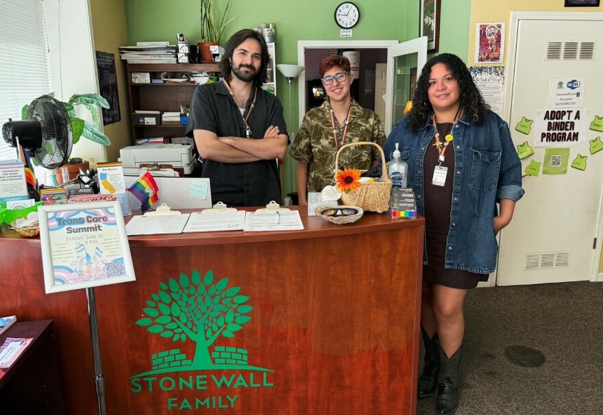 From left to right: Education and Advocacy Coordinator Maximilian Cordeiro, Trans & Gender Non-Conforming Program Coordinator Blue Martinez, and Executive Director Justina Sotelo at the Stonewall Alliance Chico Center in Chico, Calif. on July 23, 2026.