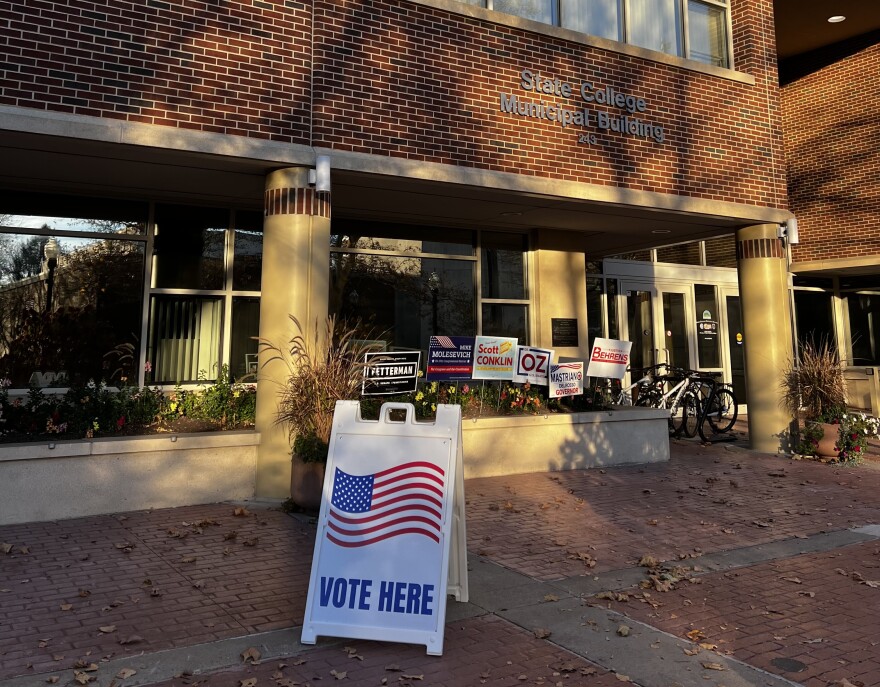 Political signs were set up outside the State College Municipal Building for Election Day. The Municipal building was one of several polling places in Downtown State College.