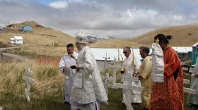 A Russian Orthodox Bishop stands in Atka