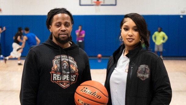 Co-owners Chaniah Martino and Howard Jeffries attend their team's practice. Men's basketball team Rochester Reapers practice October 22, 2026 at the Boys and Girls Club gym. The Reapers are a new woman-owned team that is part of the American Basketball Association (ABA) League.