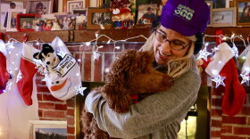 Jackie Klejka wears her signature K300 hat while holding her indoor dog Jersey inside her Bethel home, which is heavily decorated with sled dog paraphernalia. Klejka has been coordinating the K300 veterinary program since 1993.