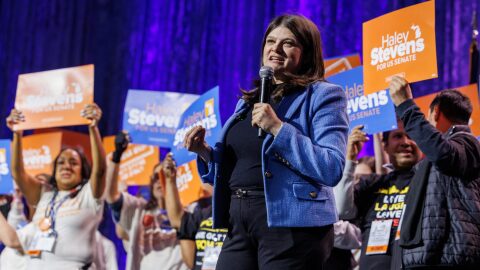U.S. Rep. Haley Stevens speaks at the Michigan Democratic Party Endorsement Convention in Detroit, Mich., on April 19, 2026.