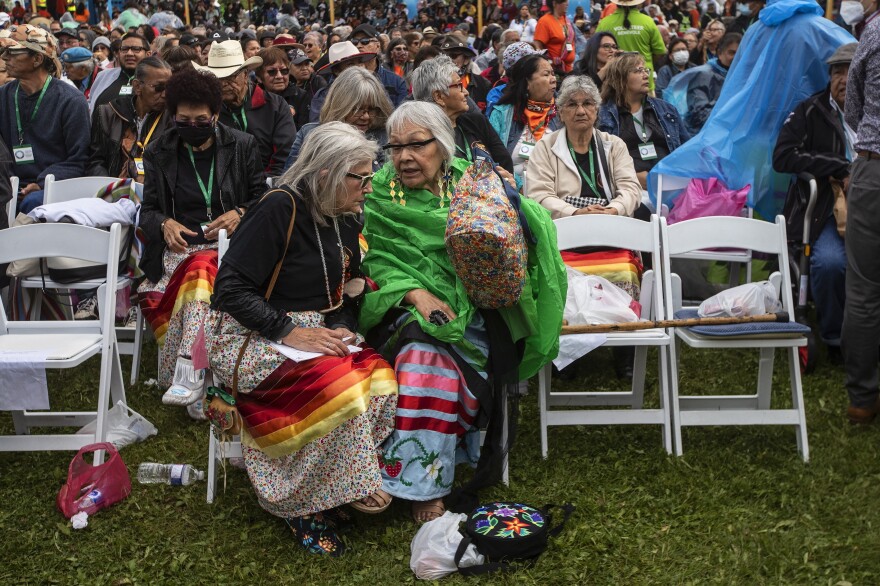 Indigenous people gather to see Pope Francis on his visit to Maskwacis, Alberta, on Monday during his papal visit across Canada.