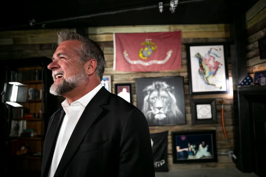 Colorado gubernatorial candidate Victor Marx stands in his Colorado Springs recording studio, on a property that houses his nonprofit's headquarters and combat training facilities. May 14, 2026.