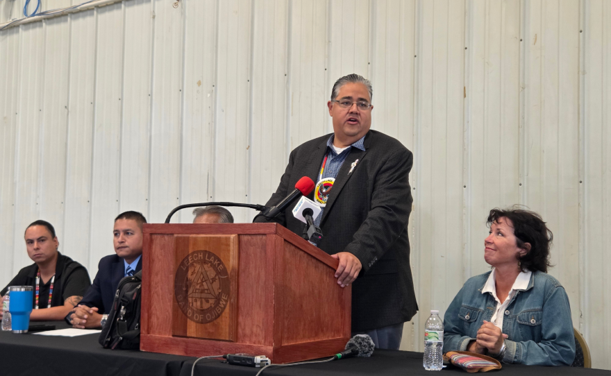 Leech Lake Secretary-Treasurer Lenny Fineday speaks at the groundbreaking ceremony for a new Ball Club Community and Wellness Center on Sept. 26, 2025. State Sen. Mary Kunesh is seated to the right.