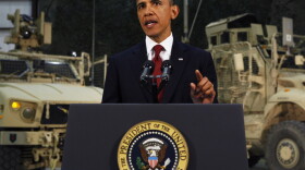 President Barack Obama delivers an address to the American people on U.S. policy and the war in Afghanistan during his visit to Bagram Air Base May 2, 2012 in Afghanistan. Obama told Americans the goal of defeating the al Qaida network was within reach.