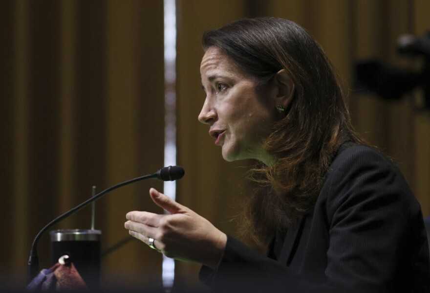 President-elect Joe Biden’s pick for national intelligence director Avril Haines speaks during a confirmation hearing before the Senate intelligence committee. (Joe Raedle/Pool via AP)