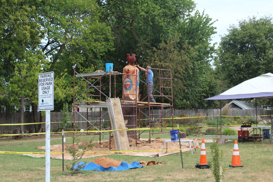 Louis Medlock works on his sculpture at Phelps Grove Park in Springfield, Mo. on September 30, 2026.