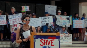 Student Gaby Batista leads a protest against the conservative takeover of New College of Florida.