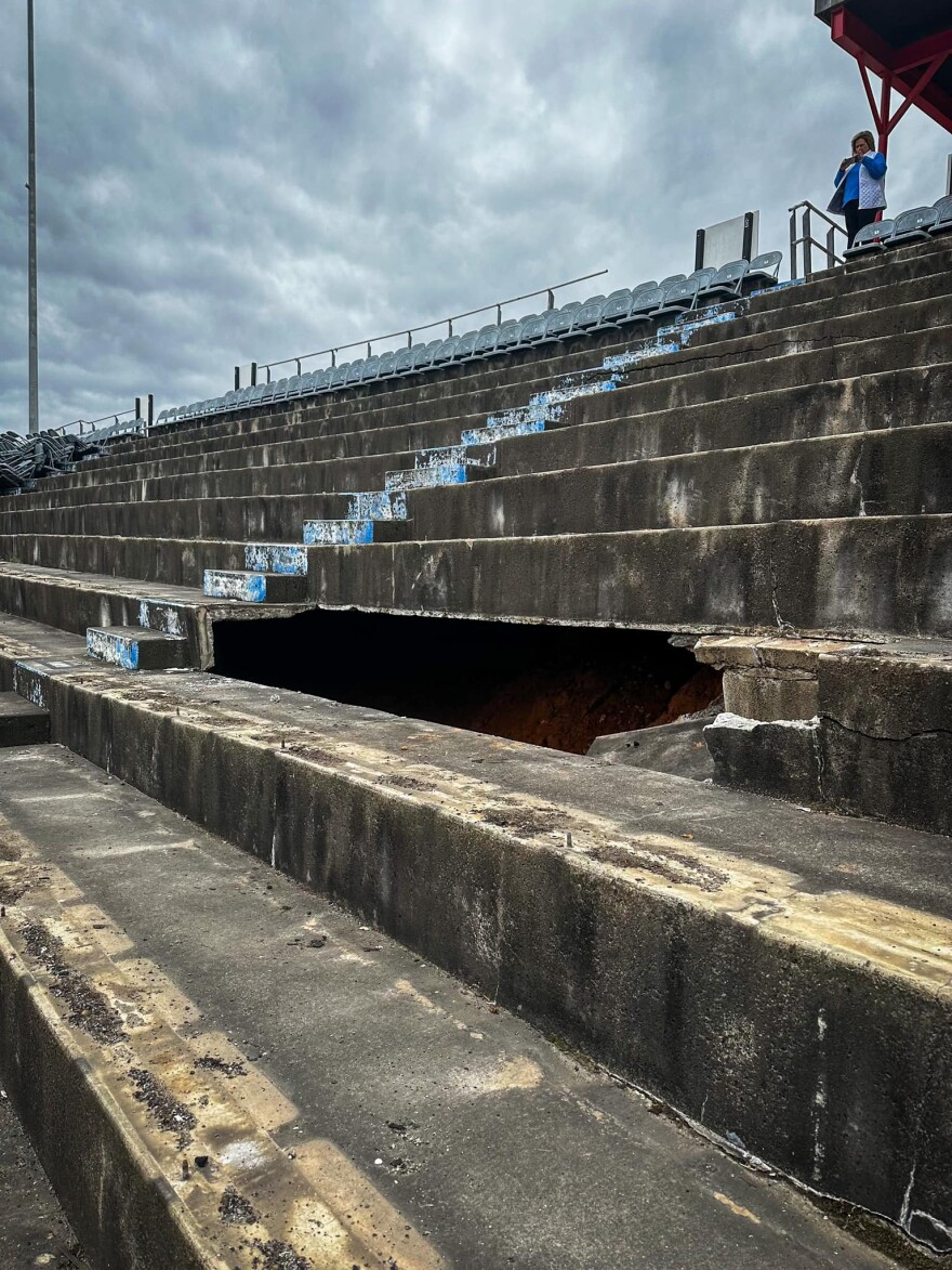 During an inspection last week, operations staff discovered cracks in the original concrete in section N and started removing seats to inspect the extent of the damage and evaluate needs for repair, and an open area of approximately 700-square-feet was discovered underneath the aging concrete.