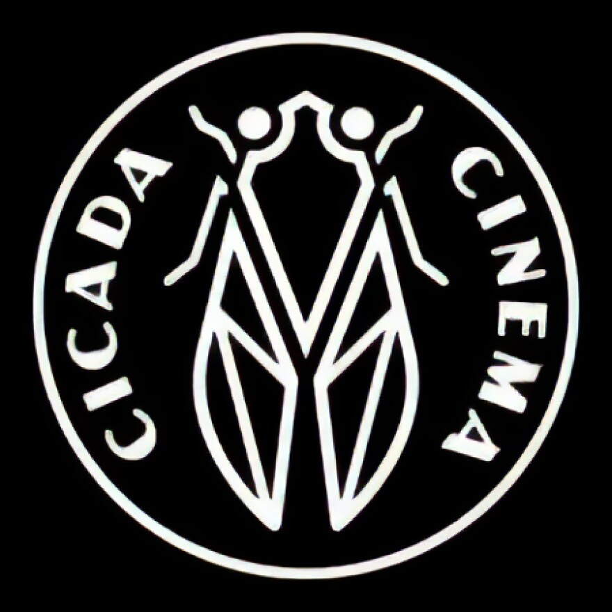 A graphic image of a cicada with the words "cicada cinema" written around it
