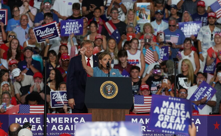 FILE — President Donald Trump held a rally in Myrtle Beach, South Carolina, for U.S. Sen. Darline Graham on Aug. 21, 2026. The president will return to South Carolina to help turnout voters for Graham before the Nov. 3 elections on Wednesday, Oct. 21, 2026.