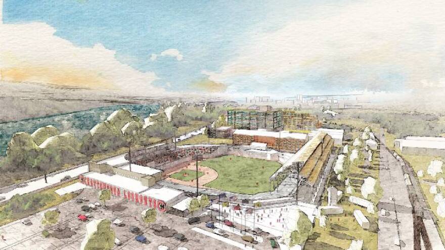 A rendering of a potential multi-use stadium is shown at the site of the former U.S. Pipe / Wheland Foundry in Chattanooga's South Broad District, incorporating some of the existing buildings.