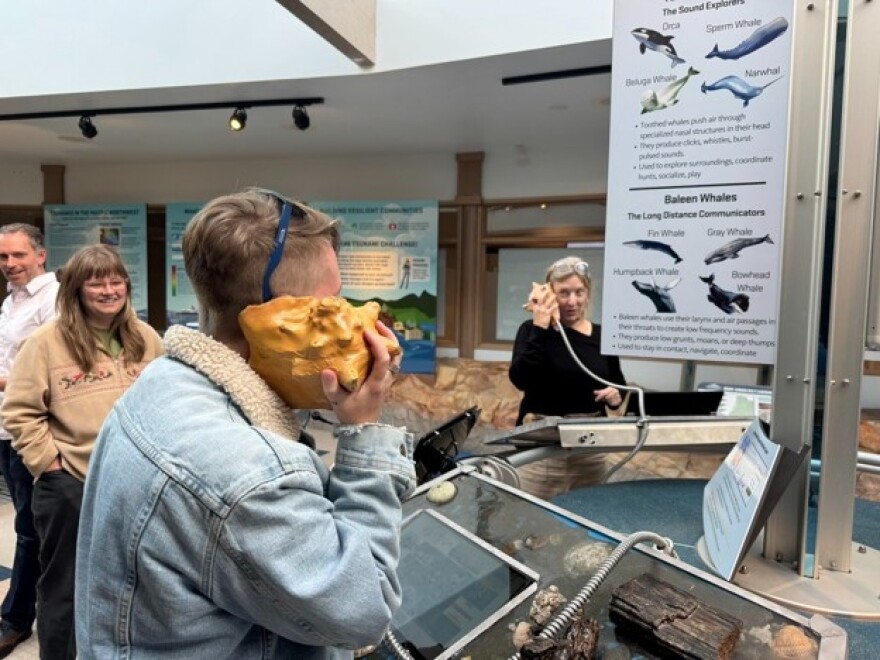 Minda Stiles and Constance Sullivan play with the Shellephone as Greta Gannon and Chet Udell look on at the Hatfield Marine Science Visitor’s Center in Newport, Ore., during a workshop for the Newport Chapter of the Association of Science Communicators on May 20, 2026.