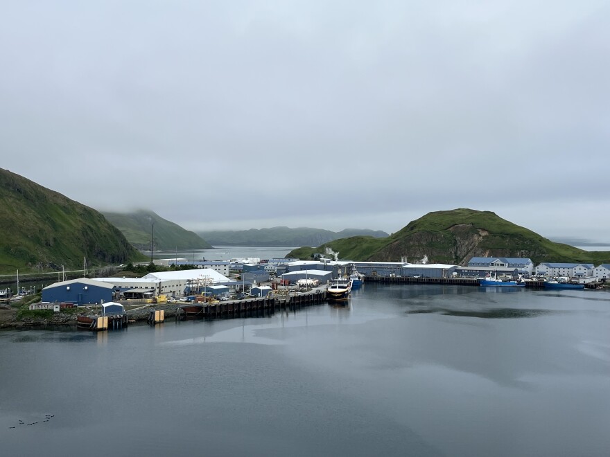 a series of low blue and grey buildings in a harbor with green mountains in the background