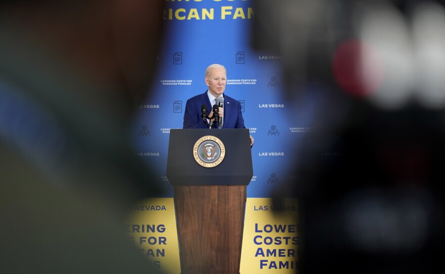 President Joe Biden speaks about health care and prescription drug costs at the University of Nevada, Las Vegas, Wednesday, March 15, 2023, in Las Vegas.