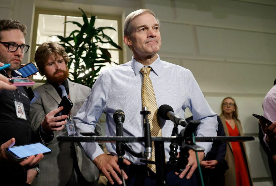 U.S. Rep. Jim Jordan, R-Ohio, speaks to the media as he leaves a closed-door House Republican meeting at the U.S. Capitol on Friday.