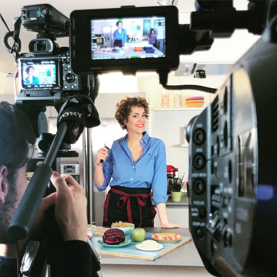 Laurel Evans shoots a cooking video