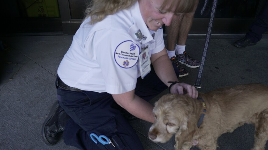 Kimberly Wheelock, a Banner Health captain and street medic, pets Daphne during a visit to the ambulance bay at North Colorado Medical Center. 