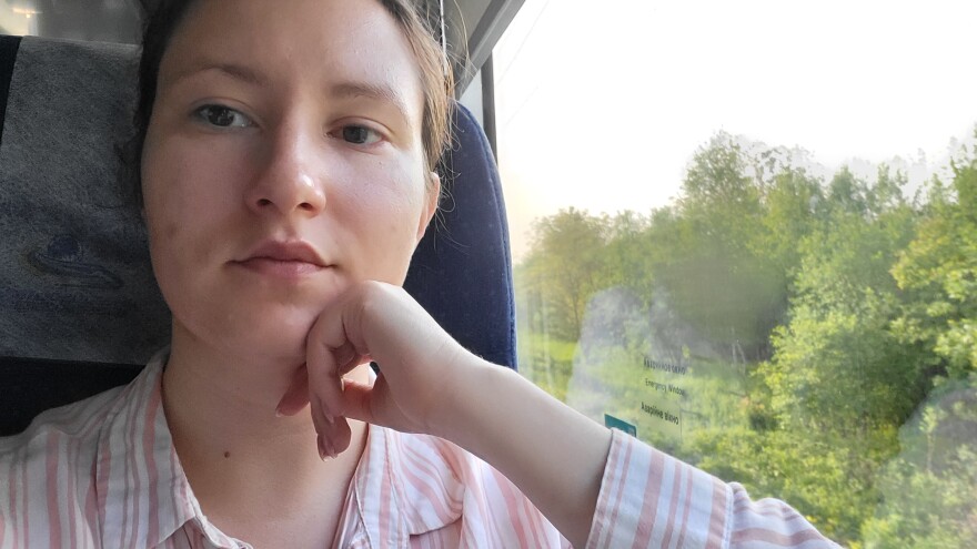 May 20, 2022. Traveling by train back to Kyiv. She came alone to check out whether the city was safe enough for her 69 year old mother to come home. Her mother would wait almost another month due to continued Russian attacks.