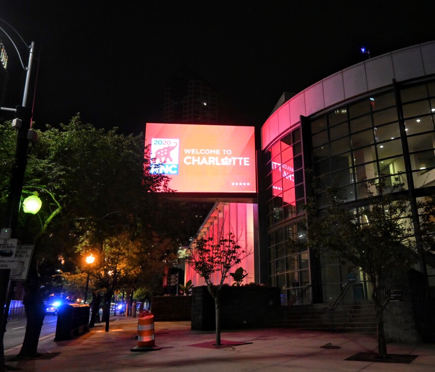 A sign welcomes visitors for the Republican National Convention in Charlotte last August. In the end, only 336 delegates came for a day, because of the pandemic and politics. It was among the big losses of tourism tax revenue that hit the city budget last year.