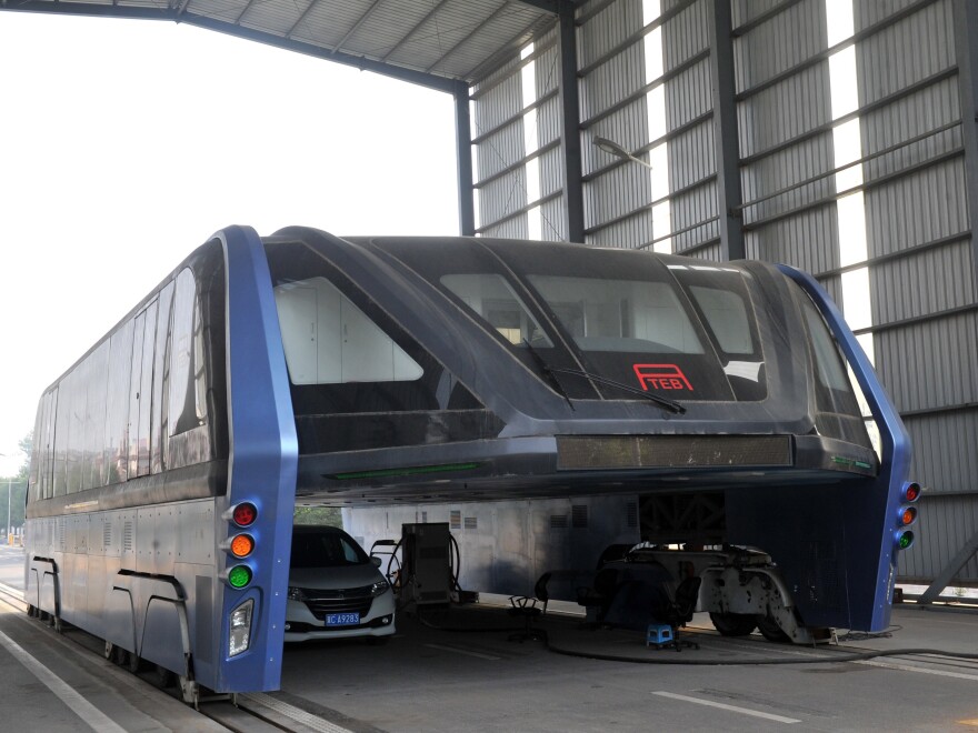 Qinhuangdao's elevated bus, seen last month in this photo, will not move forward. The municipal government denied it had endorsed the project, and last month began dismantling the test site.