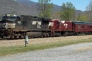 A photo of the Norfolk Southern geometry train that passed through the Old Fort Loops in early April 2026.