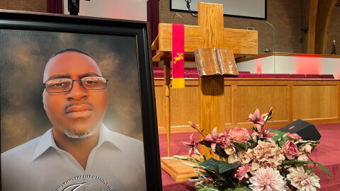 A portrait of Charles Adair, who died after a deputy kneeled on his back in the Wyandotte County jail, is displayed at a news conference held by his family and their attorneys at Friendship Baptist Church in Kansas City, Missouri, on Sunday, Sept. 23, 2025.