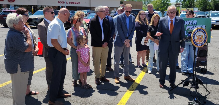 Sen. Chuck Schumer (D-NY) speaks at a press conference on food prices at the Tops supermarket in Auburn.