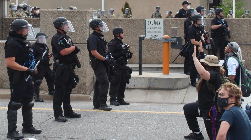 Racial justice demonstrators outside the Denver Police Administration Building on May 31, 2020. Denver's Office of the Independent Monitor issued a report in December that found Denver police failed to turn on their body cameras and used excessive violence against protesters during the demonstrations spurred by George Floyd's murder.