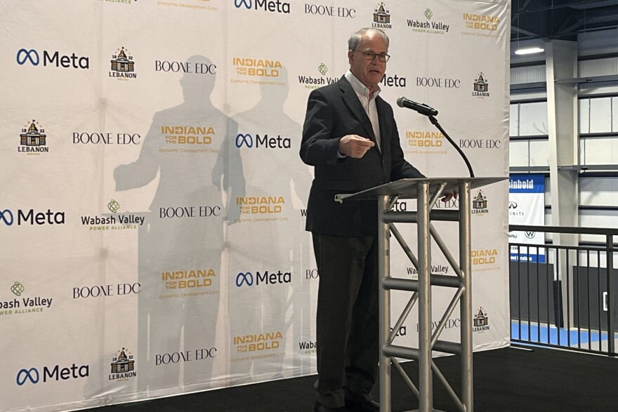 Indiana Governor Mike Braun at a podium for the groundbreaking of a Meta data center in Lebanon, Ind.
