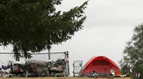 A tent and shopping carts filled with belongings are near a neighborhood in Portland, Ore. (Ted S. Warren/AP/File)