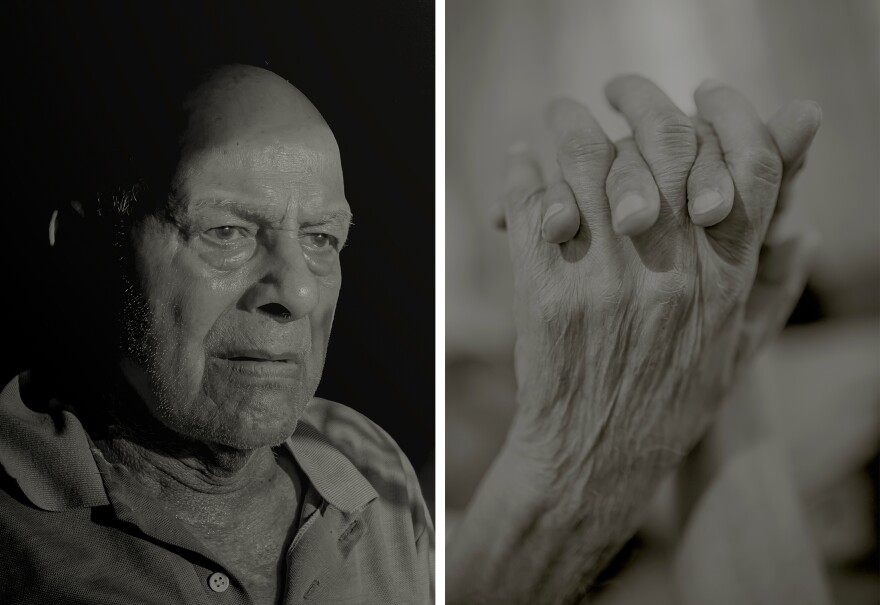 Left: Photographer Neha Hirve's grandfather, Shriram, in the blistering morning sun. Right: Hirve's grandparents hold hands as they take their afternoon nap.