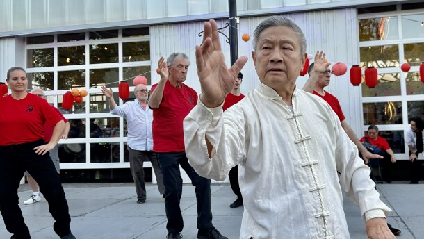 Group of people doing martial arts on stage. 
