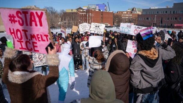 Students gathered outside two Cleveland high schools Thursday to protest federal immigration enforcement under the Trump administration.