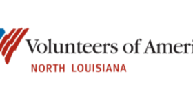 Volunteers of America North Louisiana logo featuring a red and blue stylized wing symbol next to the organization name.
