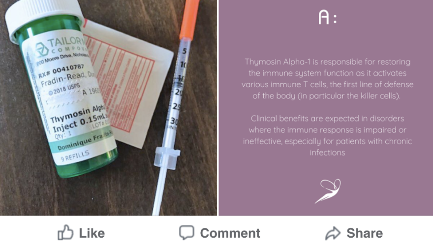Dr. Dominique Fradin-Read's medical practice, VitaLifeMD, posted this image on social media in April, while promoting injections of thymosin alpha-1 as "one of the best ways to prevent and fight COVID-19." Fradin-Read has said she obtained the drug from Tailor Made Compounding, which has faced scrutiny from federal regulators.