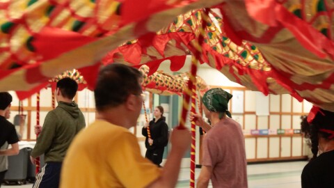 People practicing the dragon dance, a traditional Chinese art form.