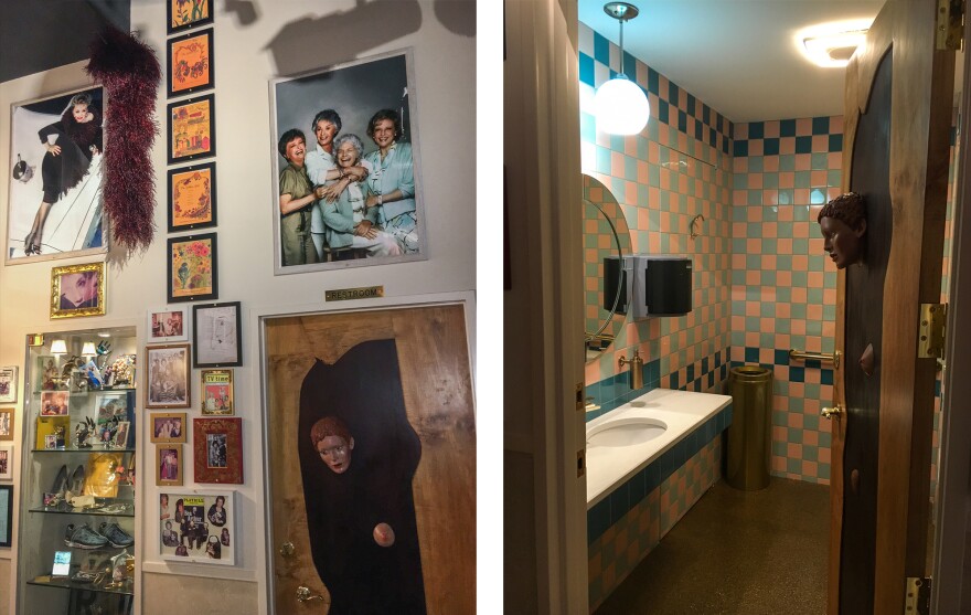 <em>Left:</em> A wall of memorabilia outside the bathroom of Rue La Rue, Now fans can try her "espressed" eggs and celebrate their fandom at <a href="https://www.facebook.com/ruelaruecafe/" target="_blank">Rue La Rue Cafe</a>, the <em>Golden Girls</em>-themed restaurant in Manhattan's Washington Heights. Right: The bathroom is tiled to mimic the one on the show.