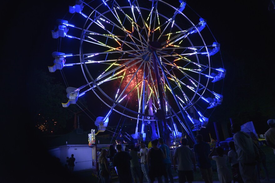 Blue Ferris Wheel at night at Cuyahoga County Fair in Middleburg Heights. 