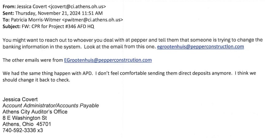 An email from Athens city employee Jessica Covert to another employee drawing attention to a suspicious email address.