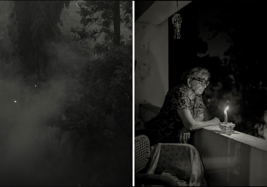 Left: Fumigation is usually done for mosquitoes, but now it functions as a way to disinfect for the coronavirus as well. Right: Hirve's grandmother, Vimal, lights a candle in solidarity with the rest of the nation during the lockdown.